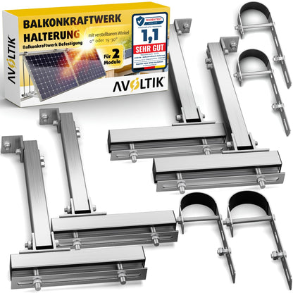 Avoltik Balkonkraftwerk Halterung Geländer – 2er Set verstellbar. Zwei Metallhalterungen für flexible Solarmodul-Montage am Geländer.