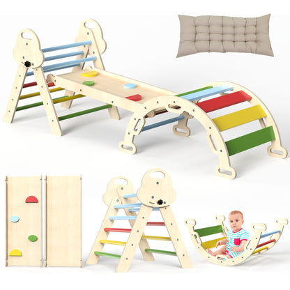 Montessori Indoor Spielset 7-in-1 Klettergerüst für Kleinkinder. Natürliches Holz. Modulares Kletterelement zur Motorik-Förderung.