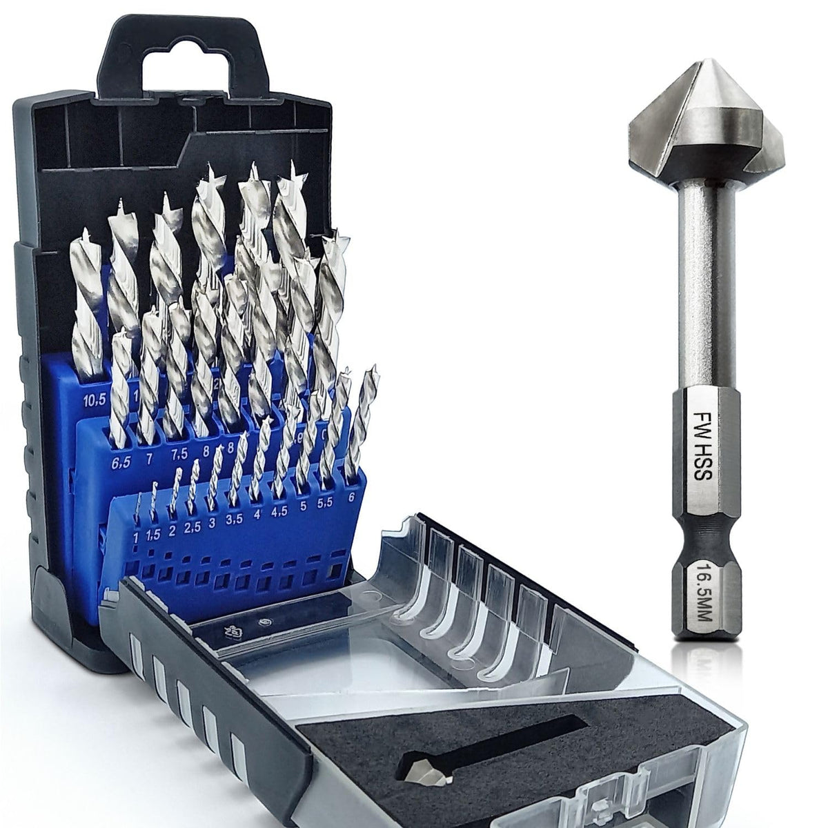 Falkenwald Holzbohrer-Set 26-teilig, HSS-G, 1-13 mm mit Kegelsenker im Kunststoffkoffer