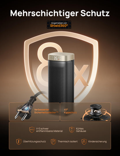 DREO Heizlüfter Solaris Slim H2, 2000W Keramik, Thermostat, Gold