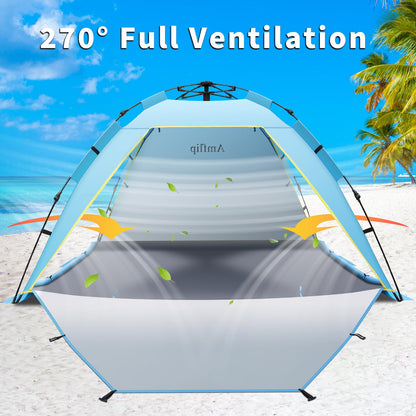 Amflip Pop-Up Strandzelt für 3-4 Personen, UPF 50+, 3 Türen