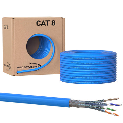 Redstar24 CAT 8 S/FTP Verlegekabel LSZH 50m - 40 Gbit/s. Aufgerolltes Kabel für 40 Gbit/s Datenübertragung in Netzwerk-Infrastrukturen.