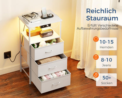 Coleshome Nachttisch Weiss mit Steckdose, USB und LED, 3 Schubladen