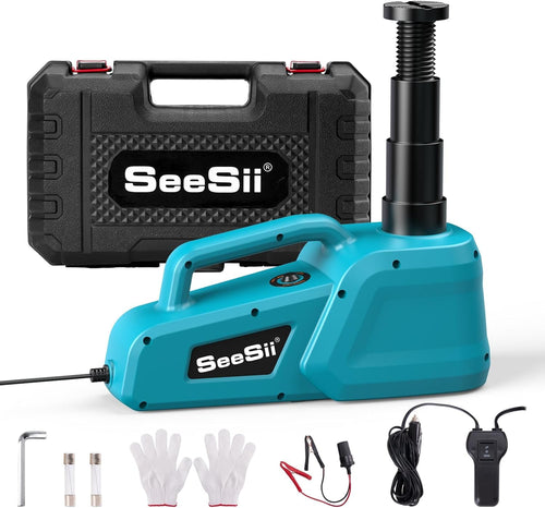 SEESII Elektrischer Hydraulik Wagenheber 5T – 12V Fernbedienung. Gelb-schwarzer Kompaktwagenheber. Hebt Fahrzeuge elektrisch mit 5t Hubkraft zur Reparatur an.