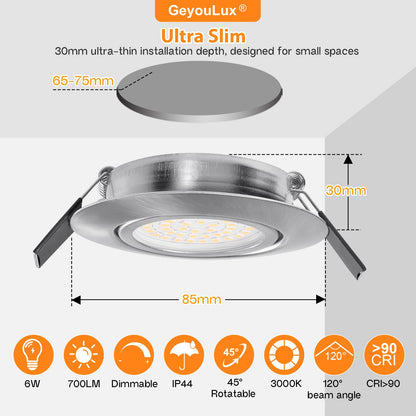 GeyouLux LED Einbaustrahler dimmbar 68mm IP44 Nickel 12er Set