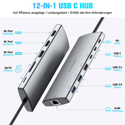 RSHTECH 12-in-1 USB C Docking Station - 2x HDMI, 100W PD