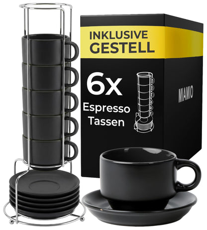 MIAMIO Le Papillon Espressotassen Set 6-teilig mit Untertassen Schwarz, Steingut, aussen matt, innen farbig glänzend
