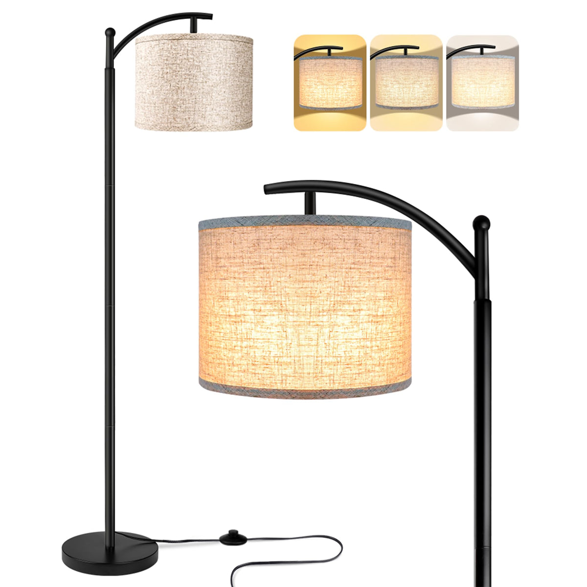 ROTTOGOON LED Stehlampe mit Fussschalter, 3 Farbtemperaturen, schwarz, beiger Lampenschirm