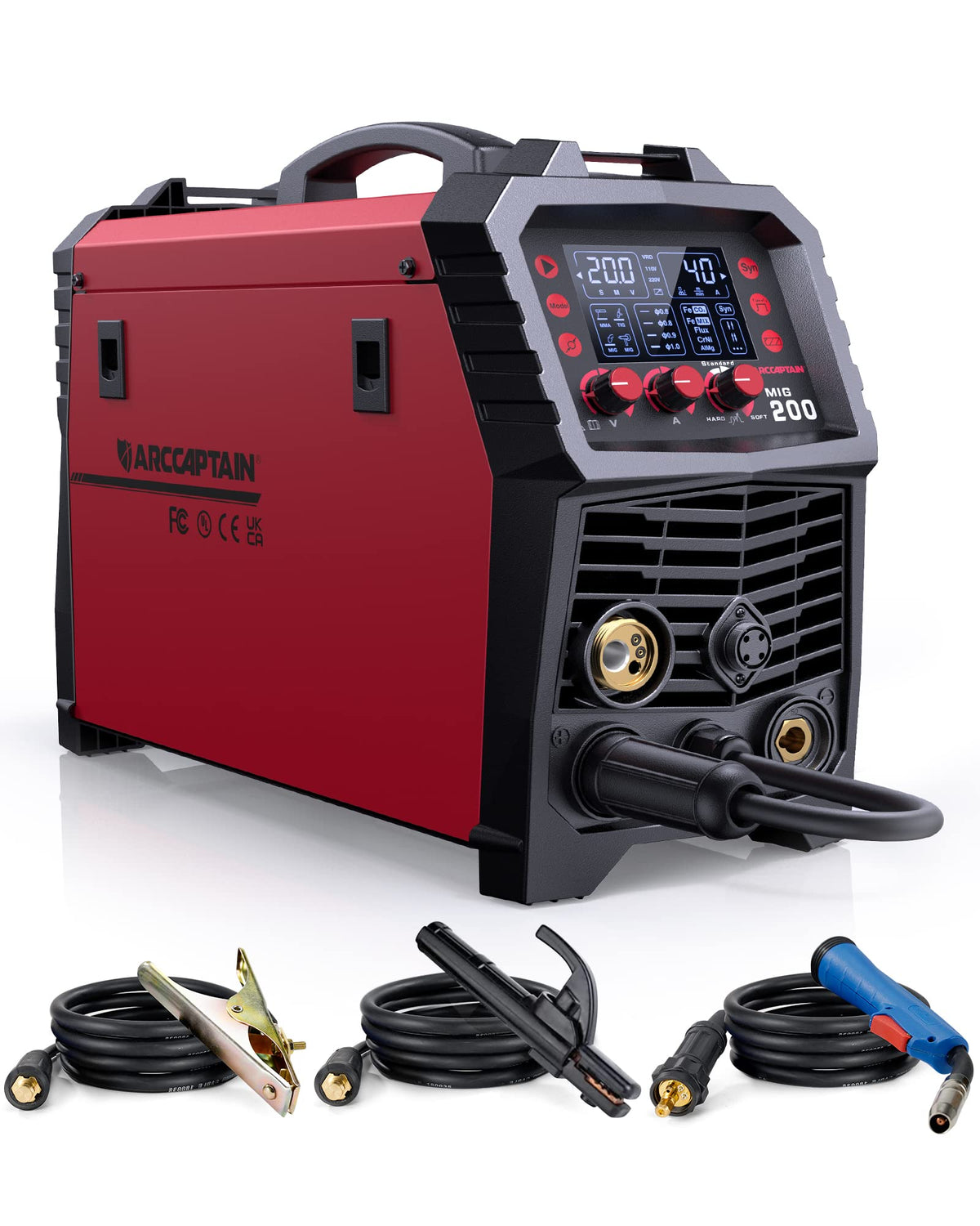 ARCCAPTAIN MIG MAG Schweißgerät 200A vollsynergisch 7-in-1. Kompaktes blau-graues Gehäuse. Zum präzisen MIG/MAG-Schweißen von Metallen.