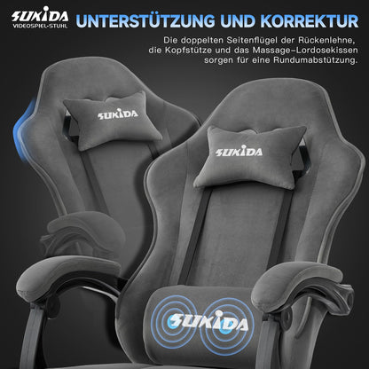 SUKIDA Gaming Stuhl aus Stoff mit Fussstütze, ergonomisch, grau