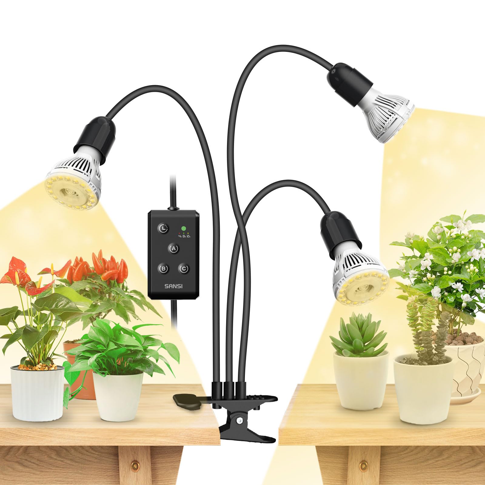 SANSI LED Pflanzenlampe 450W Vollspektrum 3-Schwanenhals mit Timer. Dreibarmige, schwarze LED-Lampe fördert optimales Pflanzenwachstum drinnen.