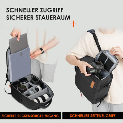 TARION Kamerarucksack wasserdicht mit 15 Zoll Laptopfach, schwarz