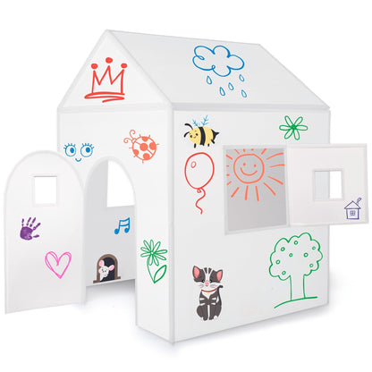 Imagine Playhouse Mal-Spielhaus – Abwischbar Indoor & Outdoor. Weißes Spielhaus mit Malmotiven. Zum Bemalen, Spielen und Reinigen.