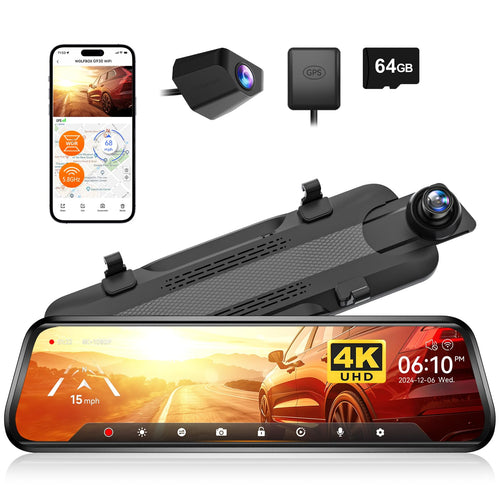 WOLFBOX G930 4K Dash Cam Rückspiegel 10'' mit GPS. Rechteckiger, schwarzer 10-Zoll-Rückspiegel zur 4K-Videoaufzeichnung mit GPS.