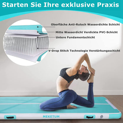MEKETUM Air Turn Track Gymnastikmatte Aufblasbar - Grün, 3m x 10cm