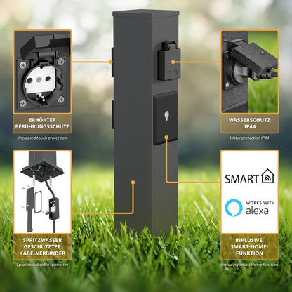 ledscom.de Garten Steckdosensäule Polly - 3-Fach Smart Home anthrazit