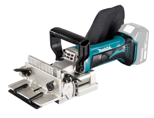 Makita DPJ180Z Akku-Nutfräse 18V – Ohne Akku & Ladegerät. Blaue, kompakte Nutfräse für präzise Holz-/Lamello-Nuten.