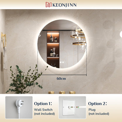 Keonjinn Badspiegel mit Beleuchtung rund 60 cm, beschlagfrei, dimmbar