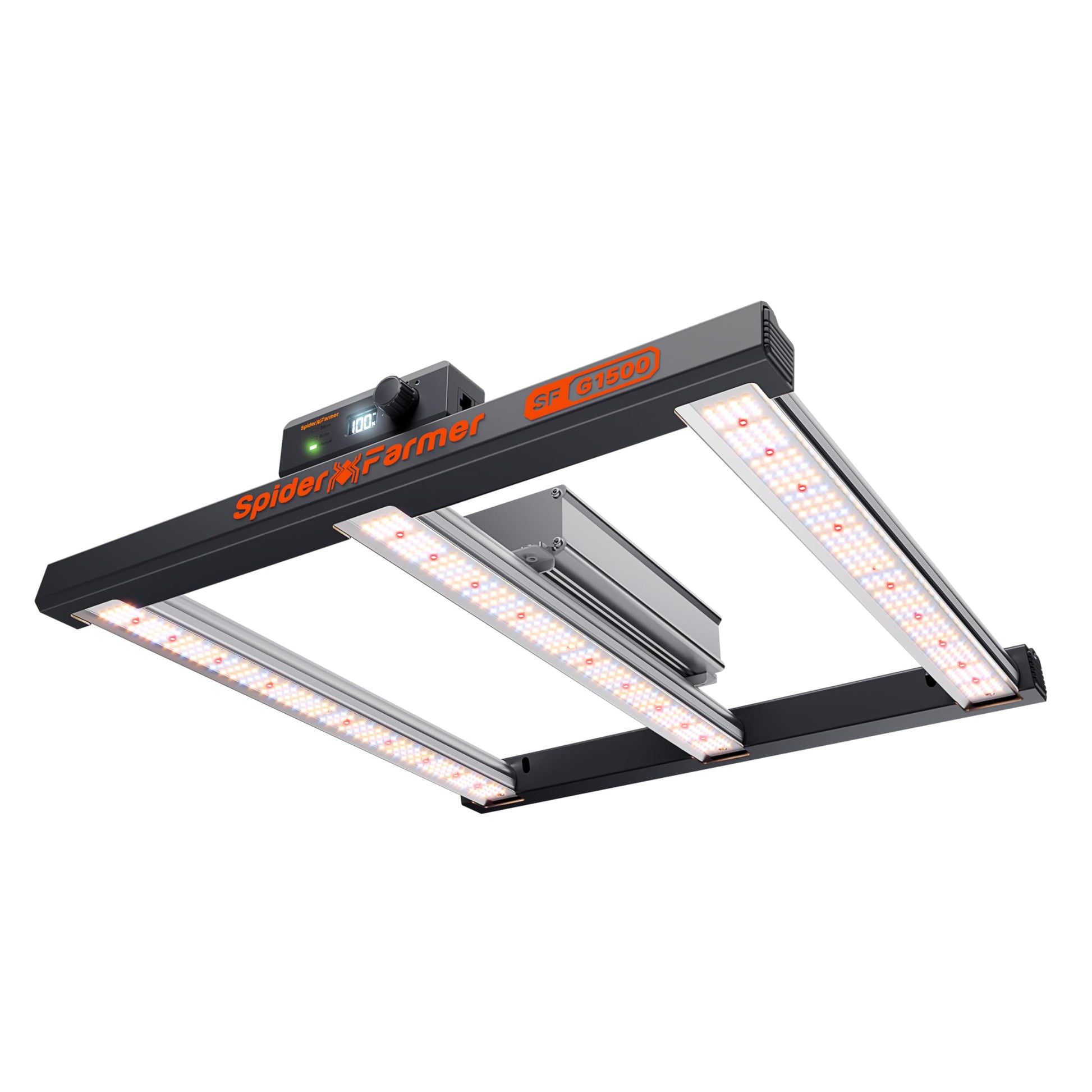 Spider Farmer G1500 LED Vollspektrum Grow Lampe – 150W. Rechteckige, schwarze LED-Leuchte zur effizienten Pflanzenzucht im Innenbereich.