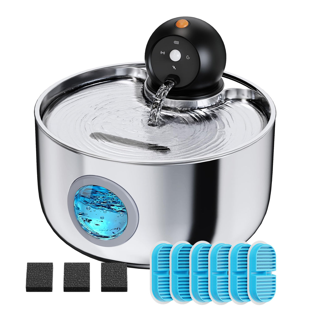 NOBXBON Katzenbrunnen W4-pro, kabelloser Trinkbrunnen aus Edelstahl mit Sensor und Wasserstandsfenster