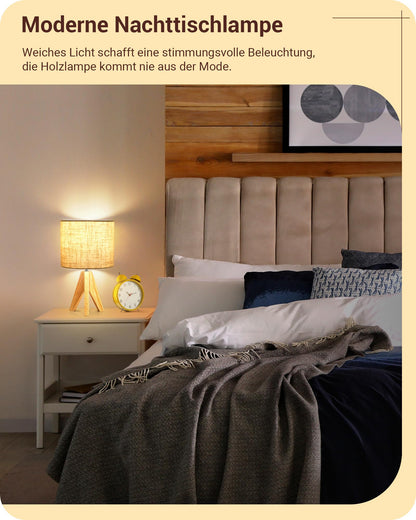 EDISHINE LED Nachttischlampe Holz 2er Set mit beigem Leinenschirm