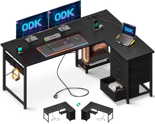 ODK Eckschreibtisch L-Form - Schwarz, 135x100 cm, Schubladen, Steckdose. Bietet Arbeitsfläche für Büro oder Home-Office.