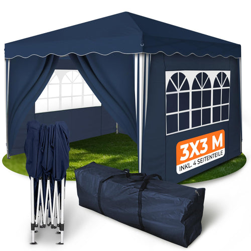 Kronenburg Faltpavillon 3x3 m, wasserdicht, UV-Schutz 50+, Blau mit 4 Seitenteilen und Stahlgestell