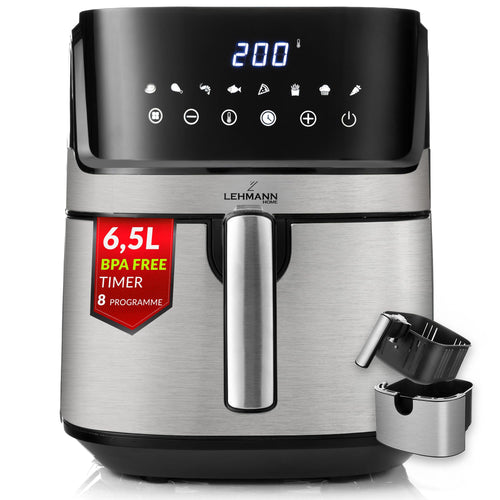 LEHMANN Heissluftfritteuse XL 6,5 L mit 8 Programmen, Air Fryer mit digitalem Display und herausnehmbarem Korb