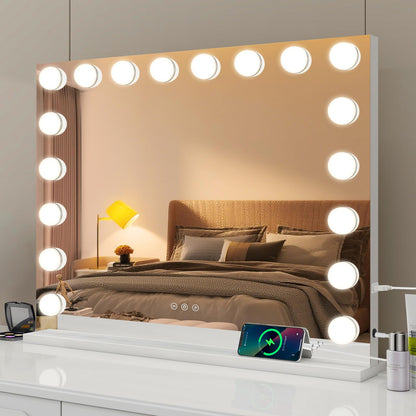eklipt Hollywood Spiegel beleuchtet 80x60cm – Weiss 18 LED. Weisser rechteckiger Spiegel mit 18 umlaufenden LEDs. Für schattenfreie Ausleuchtung beim Schminken.