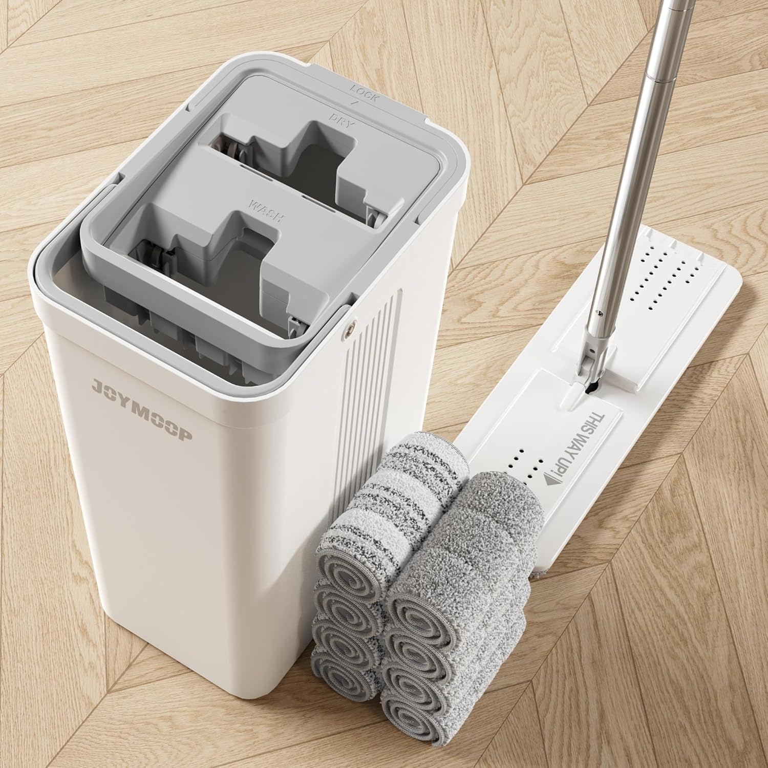 JOYMOOP Wischmopp & Eimer Set mit Auswringer – Flach, 8 Pads. Set mit Eimer & Auswringer zur Bodenreinigung.
