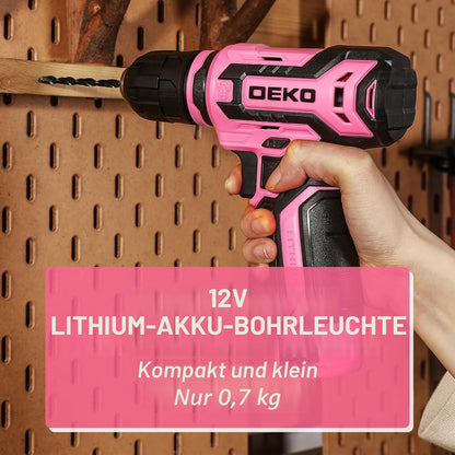 DEKO Werkzeugkoffer DKMT133-GP, gefüllt, mit Akku-Bohrschrauber, Rosa