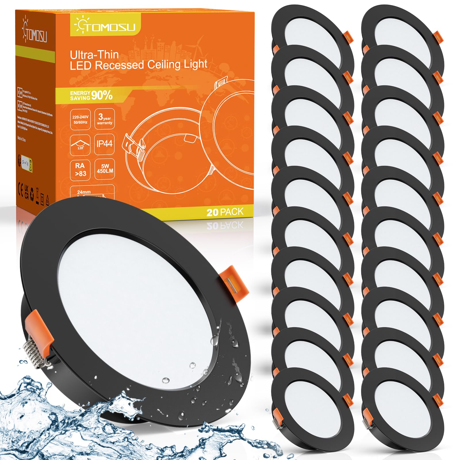 Tomosu LED Einbaustrahler Set 20 Stk. 230V Schwarz 4000K IP44. Runde, schwarze Strahler zur Deckenbeleuchtung, auch in Feuchträumen.