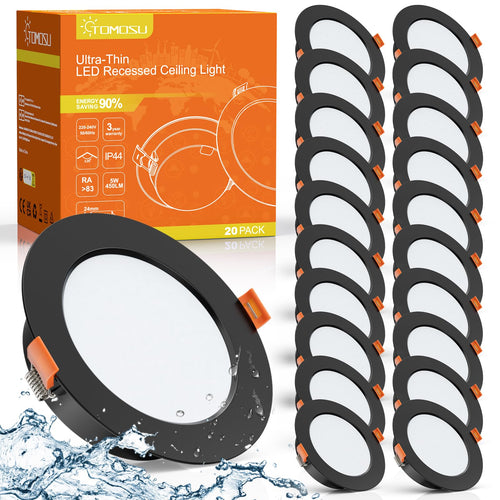 Tomosu LED Einbaustrahler Set 20 Stk. 230V Schwarz 4000K IP44. Runde, schwarze Strahler zur Deckenbeleuchtung, auch in Feuchträumen.