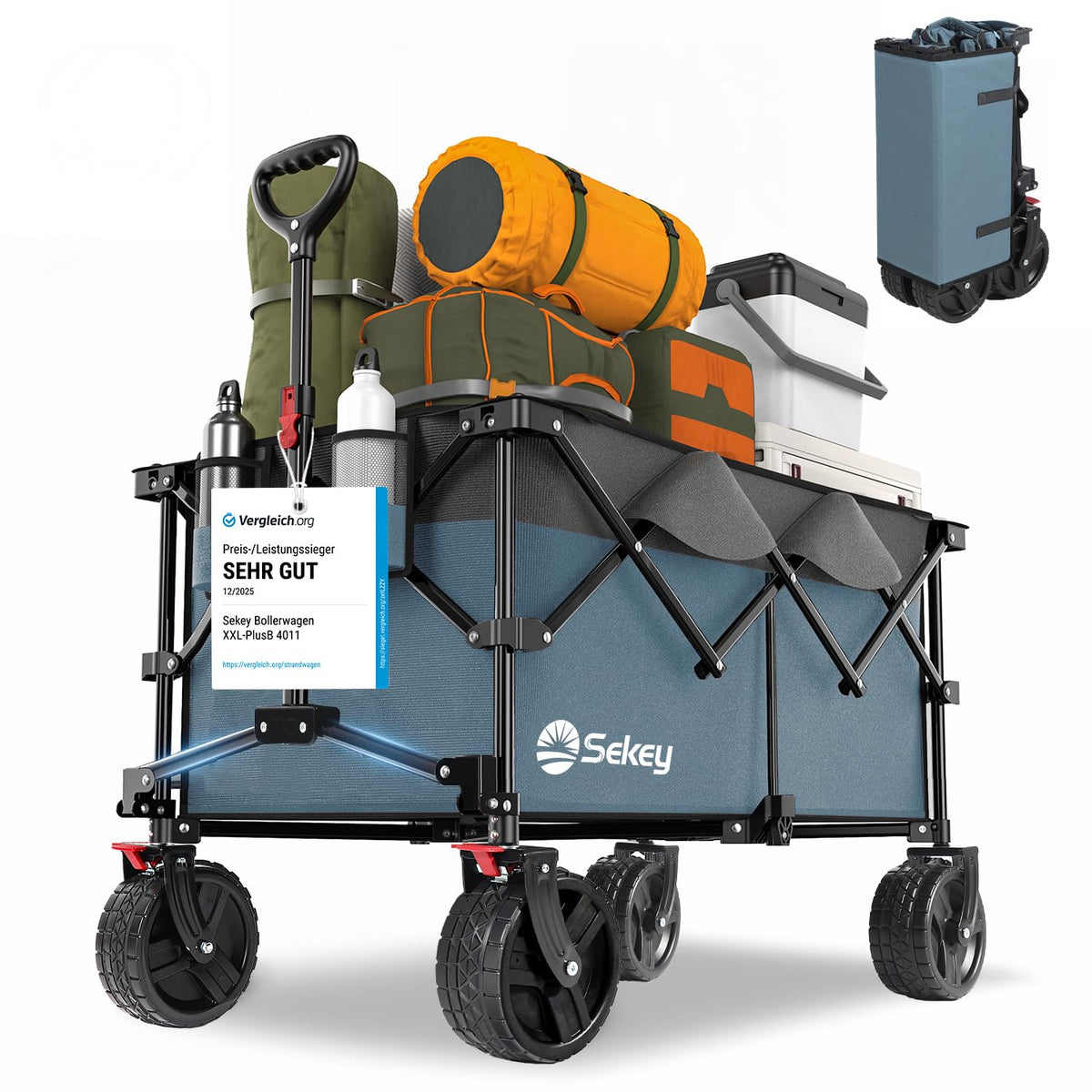 Sekey XXL Plus Bollerwagen faltbar mit Bremsen, 200 l, Blau-Grau, breite All-Terrain-Räder