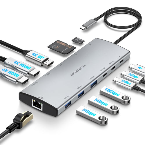 RSHTECH 12-in-1 USB C Docking Station - 2x HDMI, 100W PD, schwarz, rechteckig. Erweitert USB-C-Konnektivität für Peripherie, Dual-HDMI-Monitor und 100W PD-Ladung.
