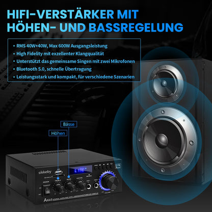 sikkeby AK45 HiFi-Verstärker mit Bluetooth, 2 x 40 W, USB, SD, FM