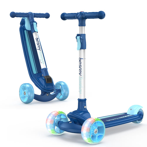 besrey Dreiradscooter Kinder, faltbar, meerblau mit leuchtenden LED-Rädern. Robuster Tretroller zum Fahren für Kinder.