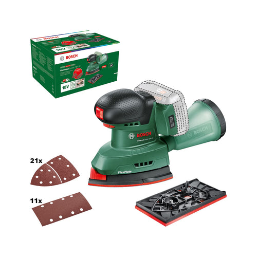 Bosch UniversalSander 18V-10 Akku-Schleifer – ohne Akku. Grüner, handlicher Akku-Exzenterschleifer für effizienten Materialabtrag.