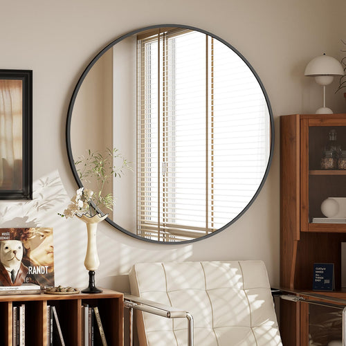 BEAUTYPEAK Runder Dekowandspiegel 76cm – Schwarz Aluminiumrahmen. Er dient der Wandmontage, dekorativen Raumgestaltung und visuellen Erweiterung.