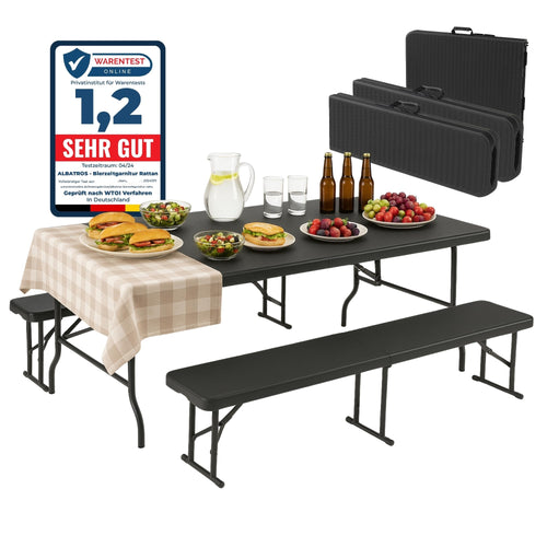 Albatros Bierzeltgarnitur 3-teilig klappbar - Rattan-Optik Schwarz: Schwarze, klappbare Garnitur mit Rattan-Struktur. Robuste Sitzgruppe für Feste & Garten.