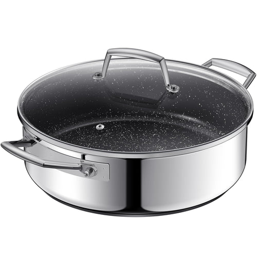 BEZIA Schmorpfanne 28 cm Edelstahl mit Deckel, 5,2 L, Induktion mit hohem Rand
