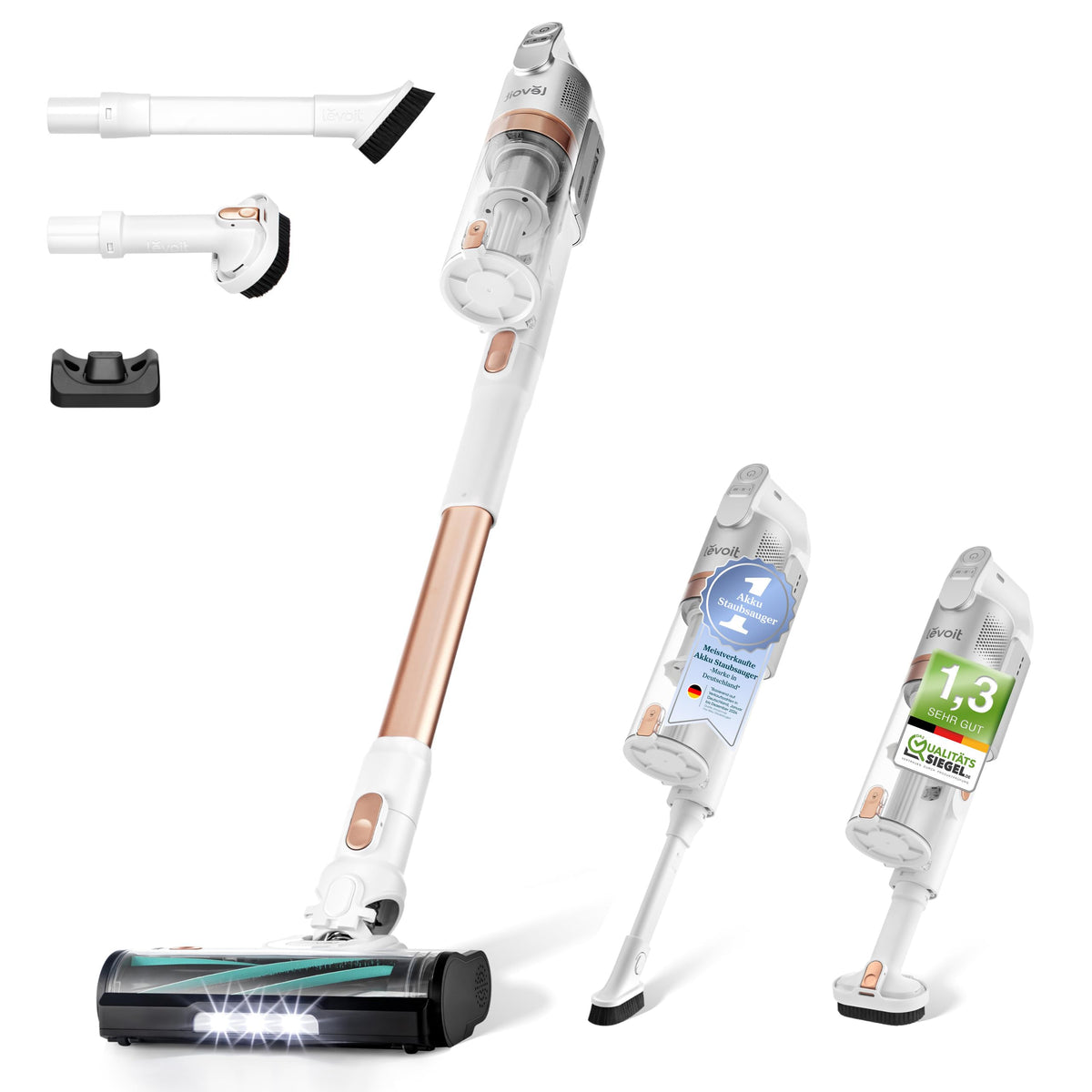 Levoit LVAC-200 Akku-Staubsauger 4-in-1 kabellos Anti-Tangle Gold, Stabdesign mit motorisiertem Bodensaugkopf