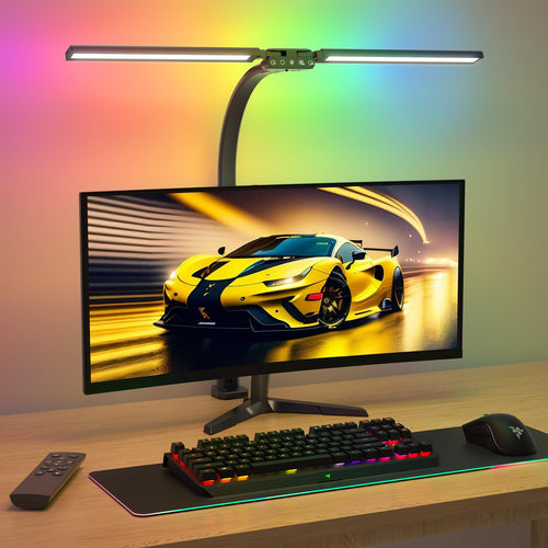SIBRILLE RGB Doppelkopf Schreibtischlampe LED dimmbar 80cm. Lange Doppelkopf-Leuchte. Bietet dimmbare RGB-Beleuchtung für den Arbeitsplatz.