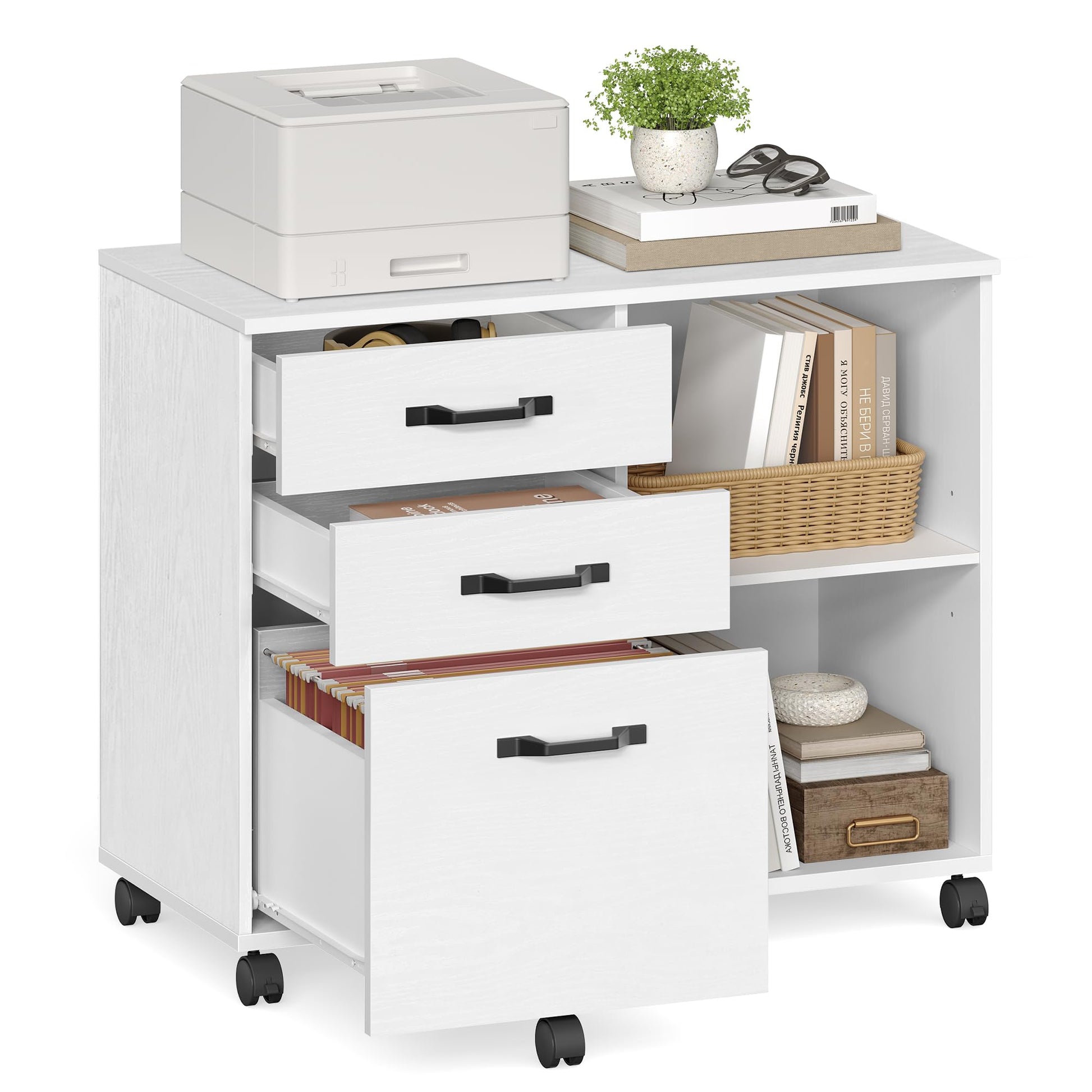 VASAGLE Rollcontainer OFC041W46 – Aktenschrank Weiss Holzmaserung. Weisser Rollcontainer mit Schubladen zur Aktenablage.