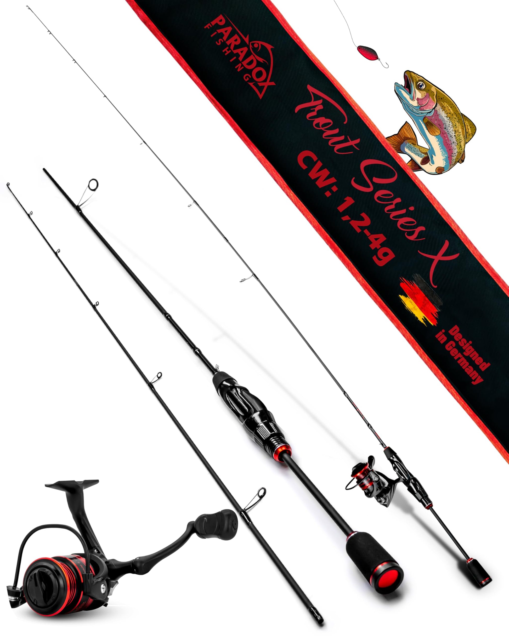 Paradox Fishing Trout Series X UL-Ruten Set - 1.85m 1-4g mit Rolle. Schwarzes Set (Rute, Rolle) für Forellenangeln mit 1-4g Wurfgewicht.