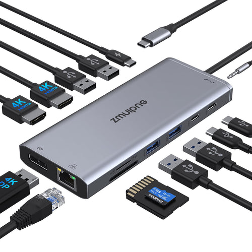 Universal Triple Display 14-in-1 USB C Docking Station 4K, rechteckig und schwarz, erweitert Laptop-Konnektivität.