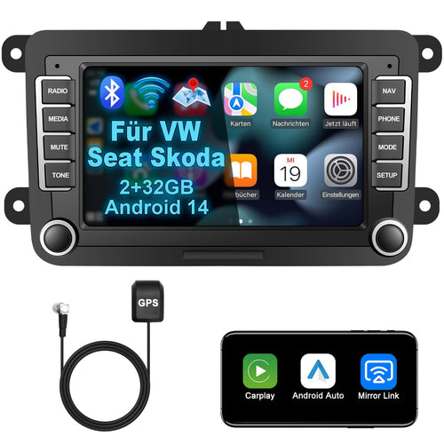 Lehwey 2DIN Autoradio Android 14 DAB+ Carplay 7 Zoll Display. Rechteckig, schwarz. Steuert Android 14, DAB+ und Carplay im Fahrzeug.