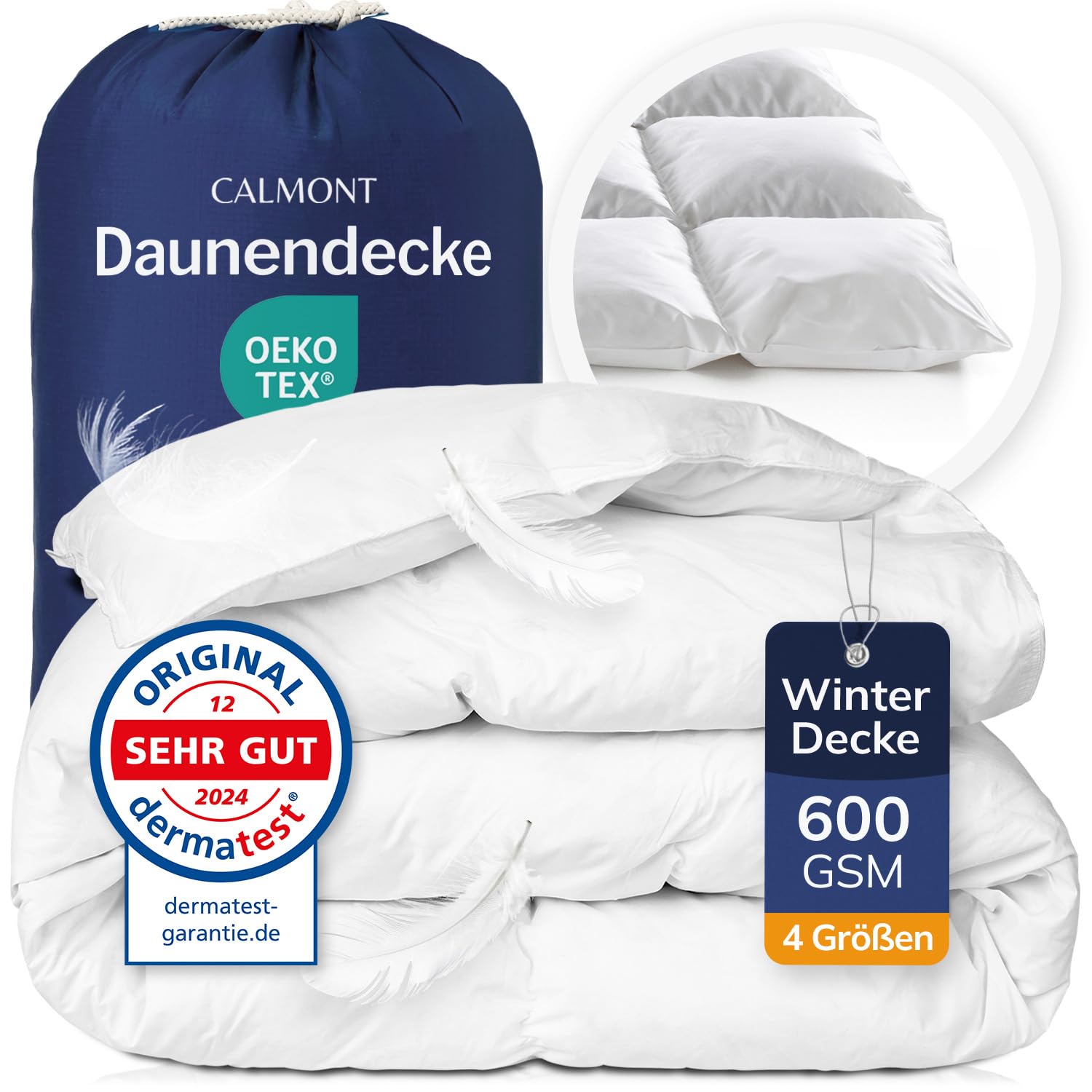 CALMONT Daunen Bettdecke 155x220 cm – Warme Winterdecke. Rechteckige, weiße, gesteppte Daunendecke für hohe Wärmeisolation.