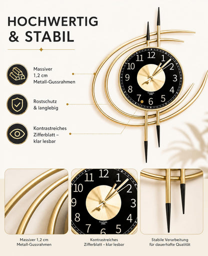 LANMOU Wanduhr 54 cm Gold Schwarz, lautlose Wohnzimmeruhr aus Metall