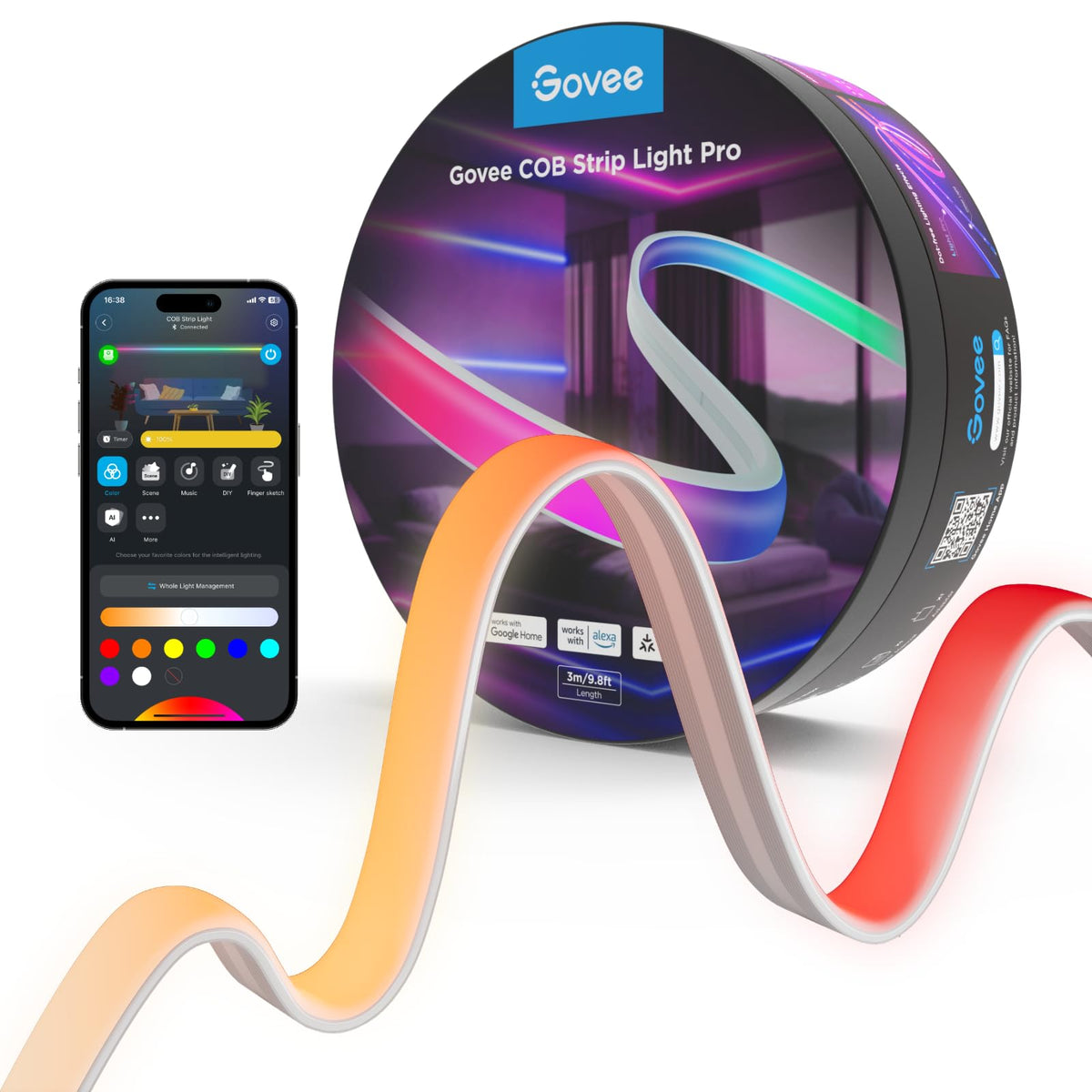 Govee COB Strip Light Pro 3m – Smart LED Streifen RGBIC WW, ein flexibler 3m COB-Streifen für smarte RGBIC-WW-Ambientebeleuchtung.